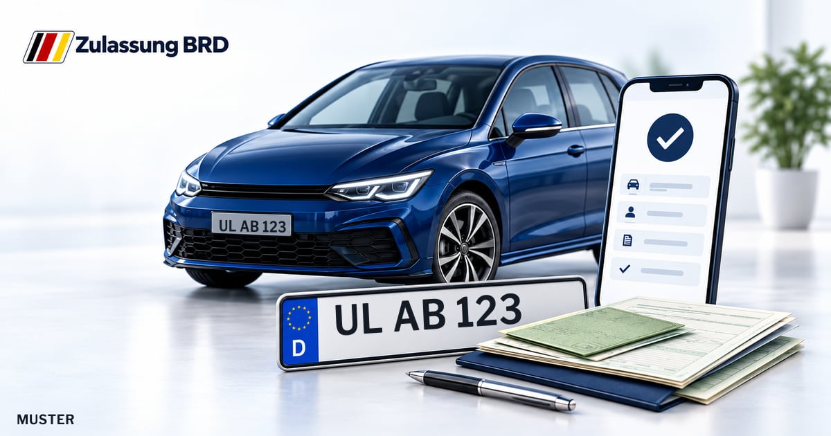 Online Fahrzeugzulassung in Ulm: Musterkennzeichen UL AB 123, Auto und Fahrzeugpapiere und Smartphone. Illustration mit Logo von Zulassung BRD.